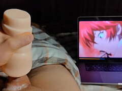Alex Huff gets a super-naughty voyeuristic practice while watching manga pornography - he strokes off and yells in glee